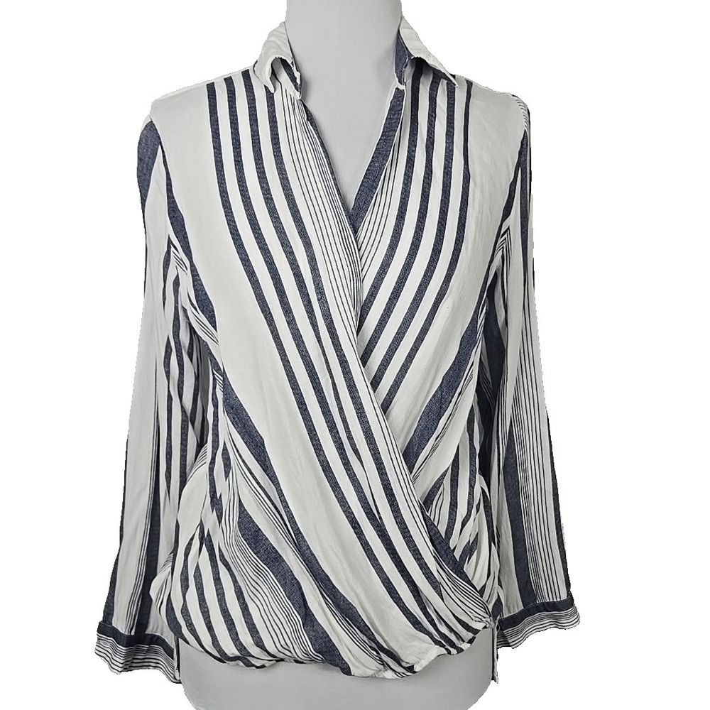 LULUS Blue White Striped Woven Faux Wrap Long Sleeve Blouse Top Large L